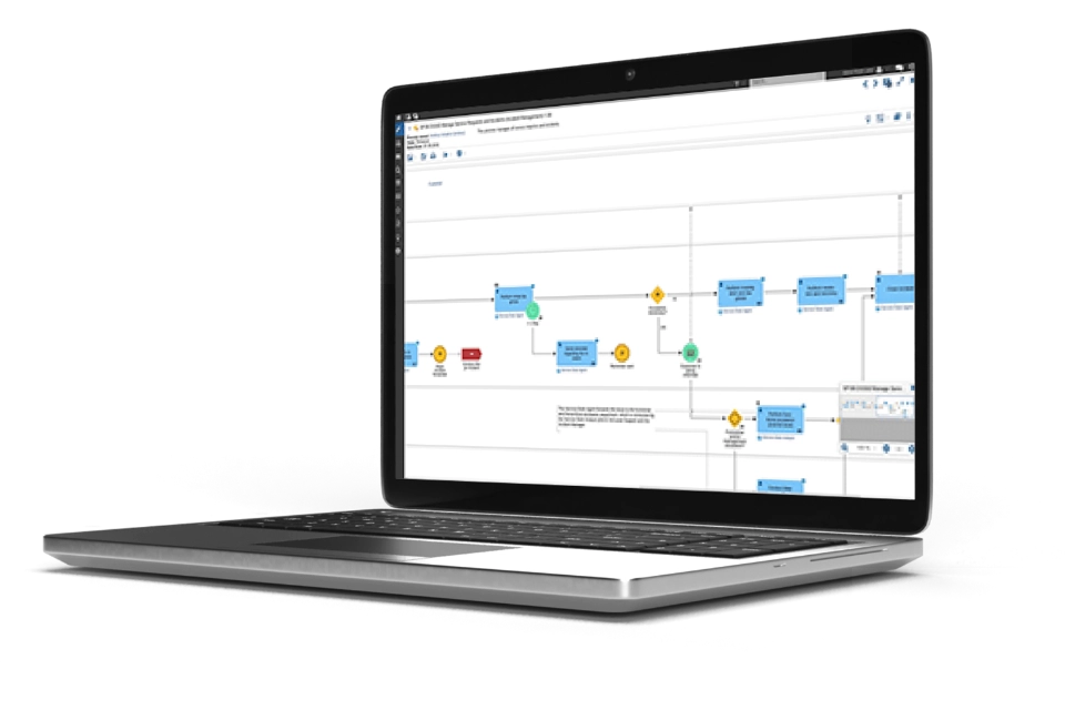 Enterprise Business Process Management (BPM) software dashboard interface on a laptop
